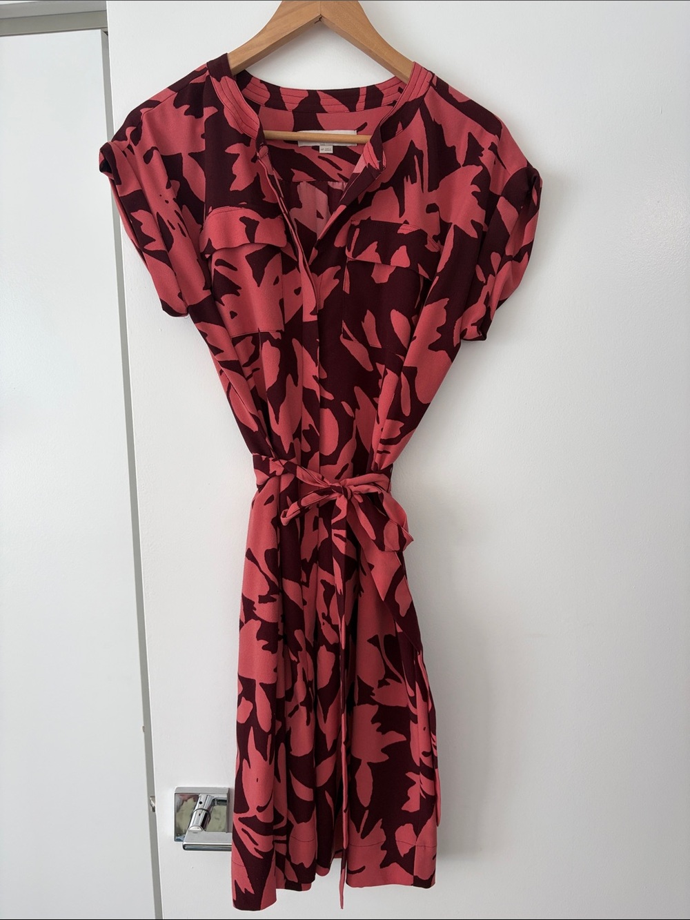 LOFT Rose and Burgundy Abstract Tie-Waist Dress